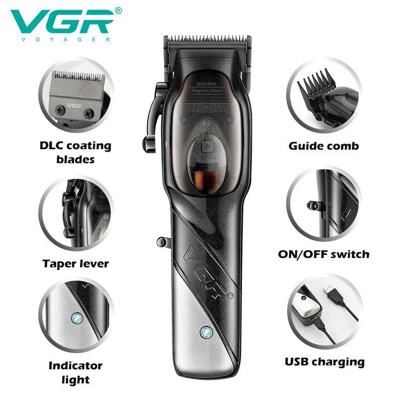 VGR Rasoio Capelli | Professionale | Cordless | USB | Ricaricabile | Rivestimento in DLC | V-002