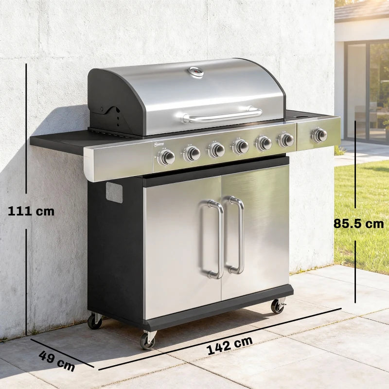 Outsunny Gas Barbecue, 6 Burners, Side Burner, Cast Iron Grill, Cabinet Included.