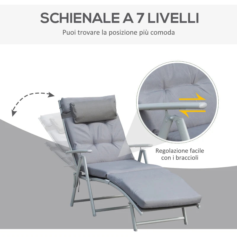 Outsunny Sdraio Da Giardino Pieghevole e Reclinabile su 7 Livelli con Cuscino e Materassino, 137x63.5x100.5 cm, Grigio