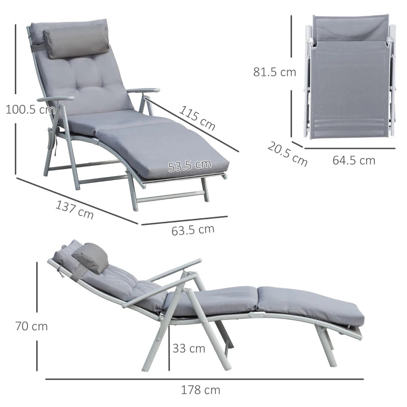 Outsunny Sdraio Da Giardino Pieghevole e Reclinabile su 7 Livelli con Cuscino e Materassino, 137x63.5x100.5 cm, Grigio