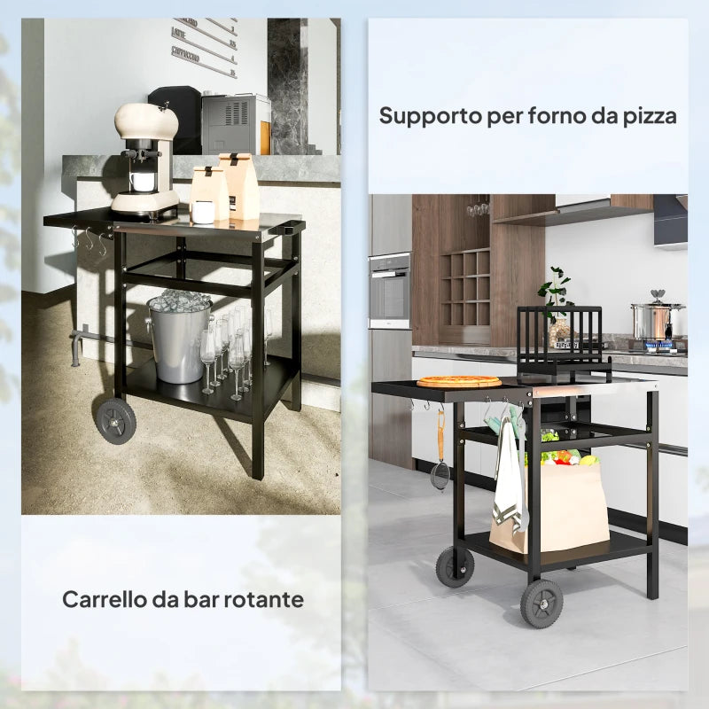 Outsunny Carrello per Barbecue con Piano in Acciaio e Ripiano Richiudibile, Ruote e Ganci, 91x58x76 cm, Nero