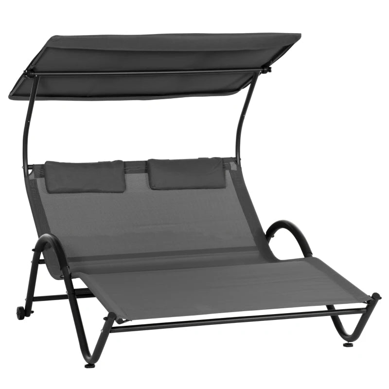 Outsunny Lettino Prendisole Reclinabile a 2 Posti con Ruote, Poggiatesta Imbottito e Tetto, 200x137x138 cm, Grigio