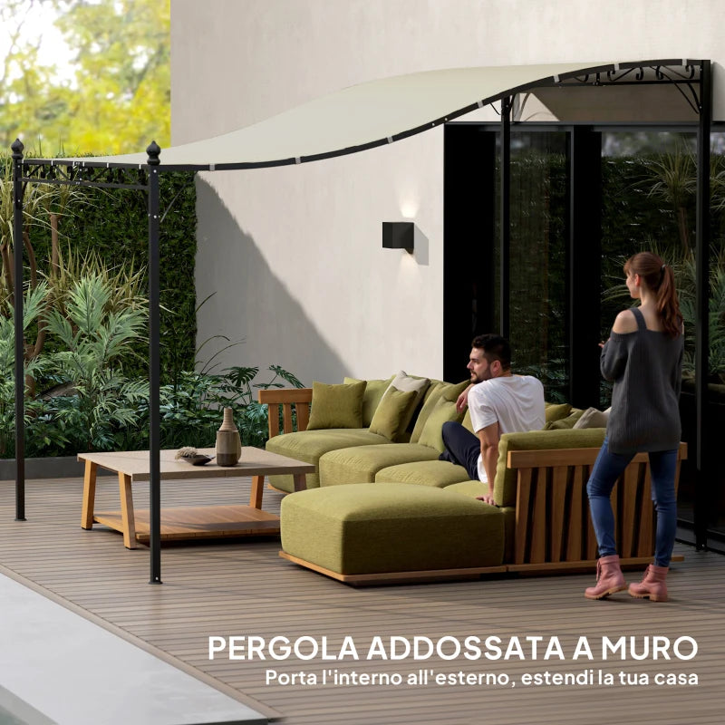 Outsunny Pergola Addossata Ricurva con 16 Fori di Drenaggio, in Metallo e Poliestere, 248x298x200/250 cm, Bianco Crema