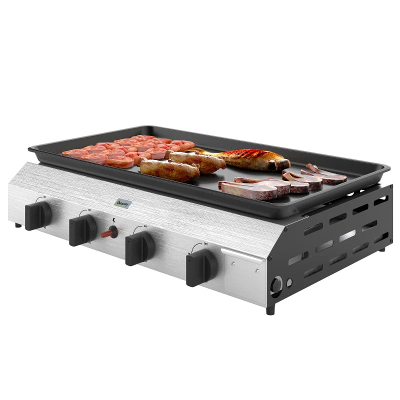 Outsunny Piastra Barbecue a Gas con 4 Bruciatori da 2.4kw e Piano Antiaderente, 77x44.5x19cm, Argento