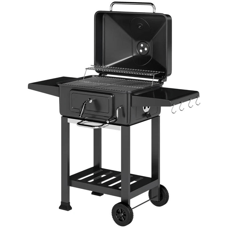 Outsunny Barbecue a Carbone, Affumicatore Portatile con Ventilazione, Termometro e Mensole Laterali, Nero