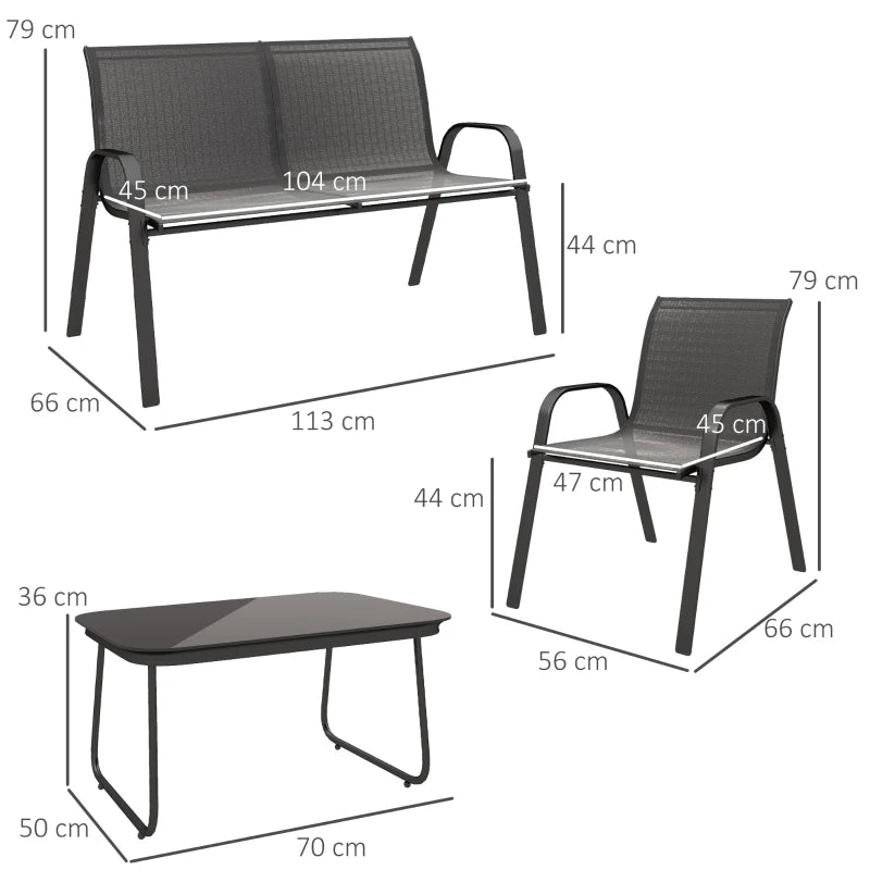 Outsunny Set da Giardino con Divano 2 Posti, 2 Poltrone Impilabili e Tavolino in Vetro, Nero