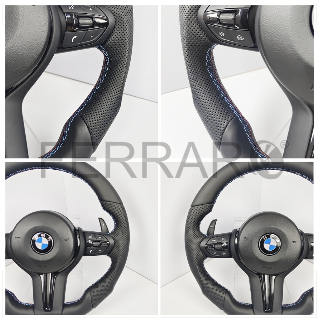 (PRENOTA) Volante per BMW, Pelle Nera, Cromatura Nera, Filo Multicolore