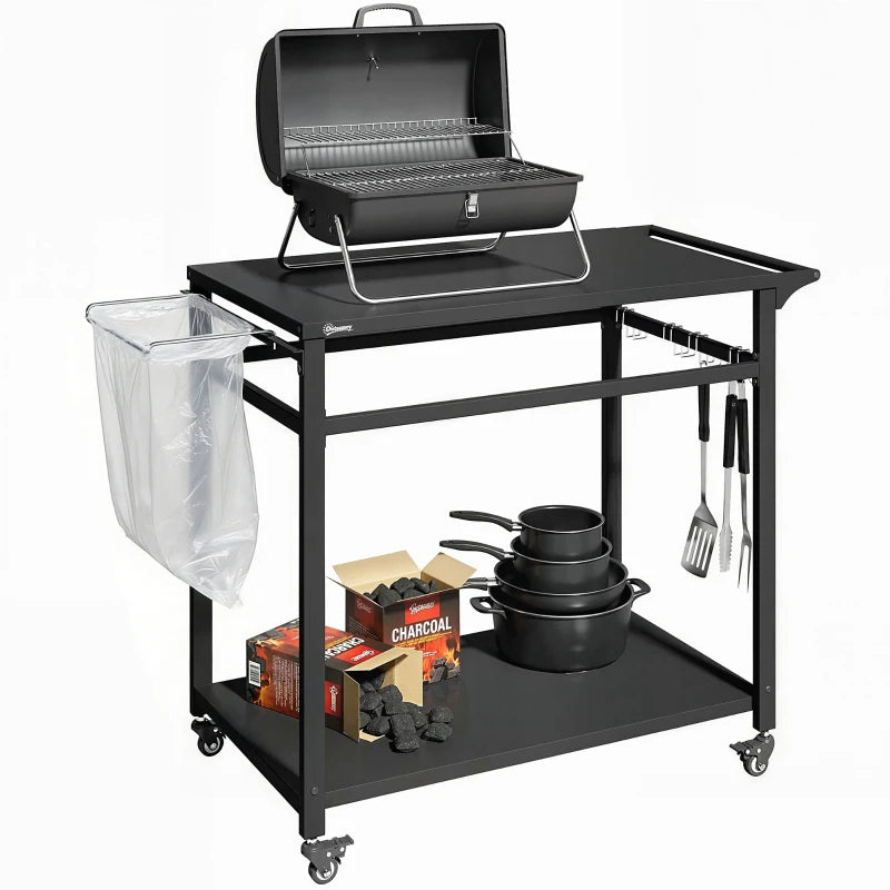 Outsunny Carrello Barbecue, 2 Ripiani, Supporto Pizza, Portasacchi e Ganci, Nero.