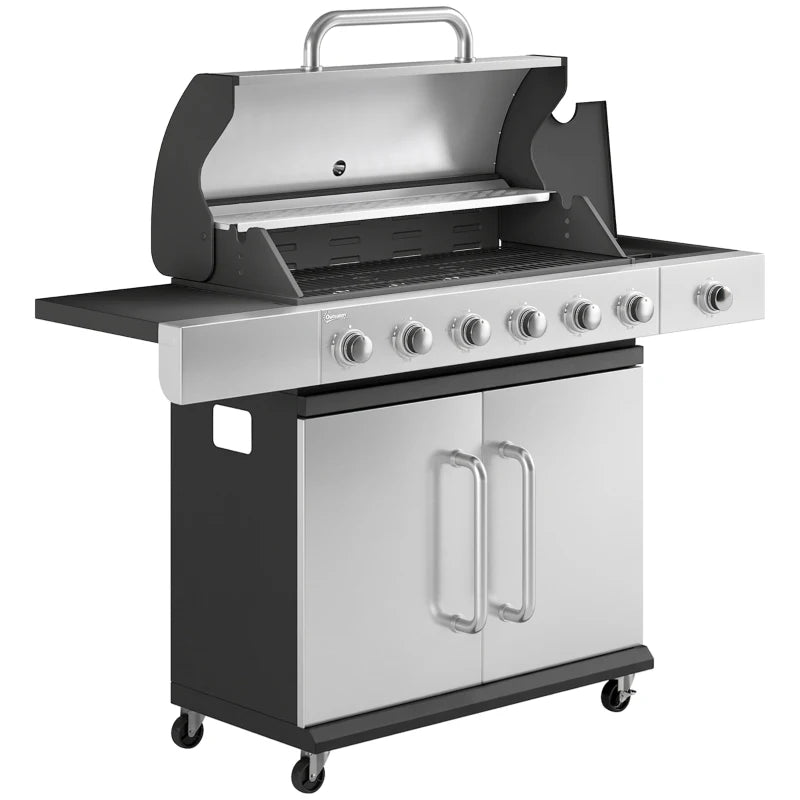 Outsunny Gas Barbecue, 6 Burners, Side Burner, Cast Iron Grill, Cabinet Included.