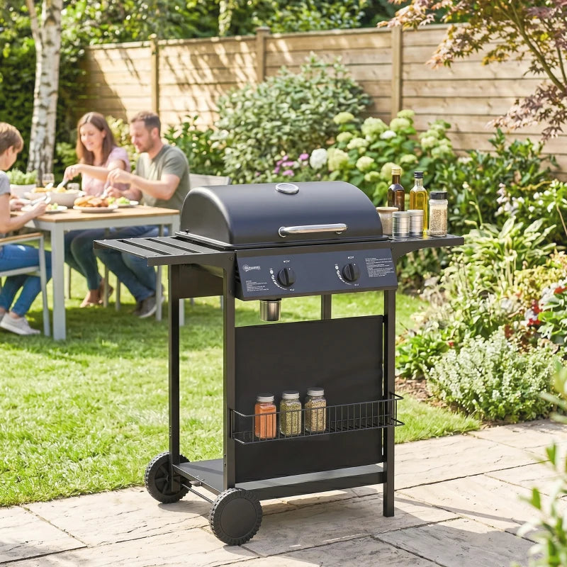 Outsunny Barbecue Gas, 2 Bruciatori, Tavolini Laterali, Vassoio Raccogli Grassi, Nero.