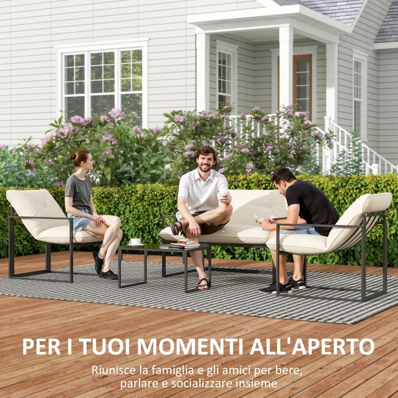 Outsunny Set da Giardino 4 Pezzi con Divanetto, 2 Poltrone e Tavolino, in Acciaio, Poliestere e Cotone PP, Beige e Grigio
