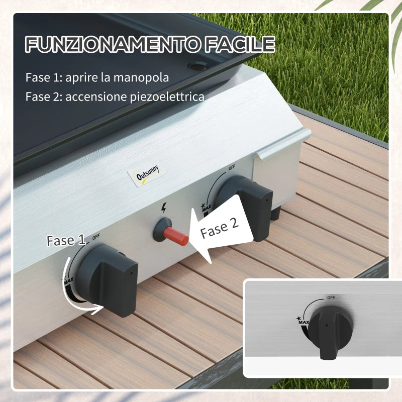 Outsunny Piastra Barbecue a Gas con 2 Bruciatori, Piano Antiaderente e Potenza 4.8kw, Argento