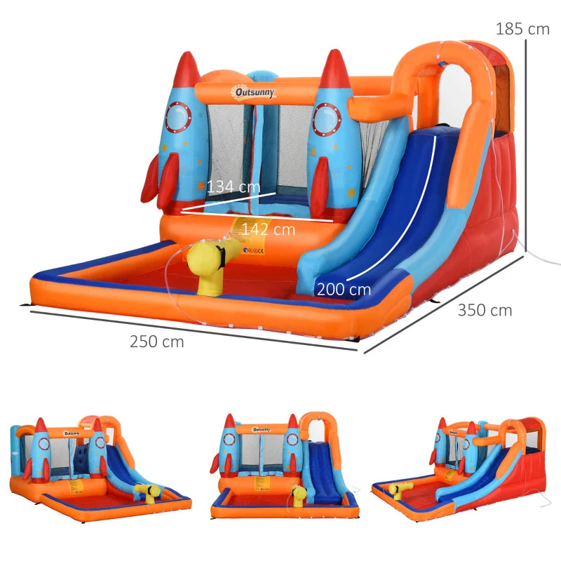 Outsunny Castello Gonfiabile per Bambini Piscina con Scivolo e Trampolino, Pompa Elettrica, 350x250x185cm, Multicolore