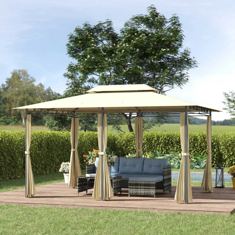 Outsunny Gazebo da Giardino 3x4 m con Tende e Tetto a 2 Livelli Bianco Crema