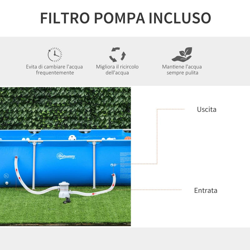 Outsunny Piscina Autoportante da Esterno, Piscina Rettangolare Fuori Terra con Filtro e Valvola in Acciaio e PVC, Blu, 252x152x65cm