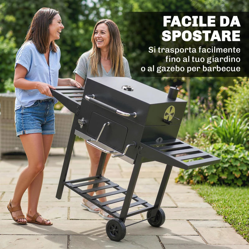 Outsunny Barbecue a Carbone a Rotelle con Griglia Regolabile e Ripiani Pieghevoli, in Acciaio e PP, 133.5x65x110 cm, Nero