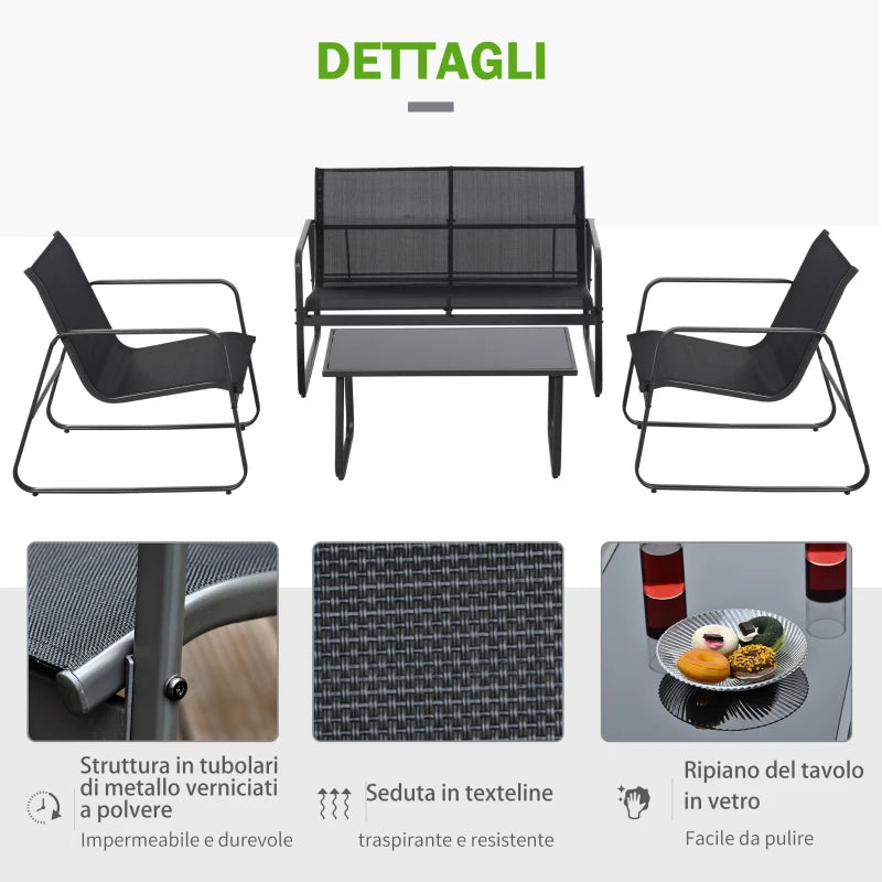 Outsunny Set Salotto da Giardino da 4 Pezzi, con Divanetto da Esterno a 2 Posti, 2 Sedie e Tavolo da Caffè in Vetro Temperato, Set di Mobili da Giardino in Metallo e Texteline, Nero