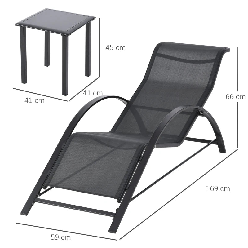 Outsunny Set 2 Lettini Prendisole e Tavolino con Ripiano, in Tessuto Traspirante e Metallo, 59x169x66 cm, Nero