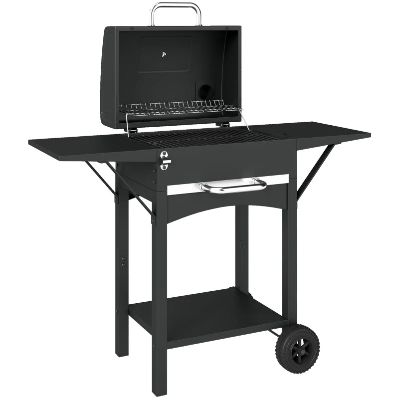 Outsunny Barbecue a Carbone con 2 Ripiani Laterali, Termometro, Coperchio e Ruote, 110x46.5x101 cm, Nero
