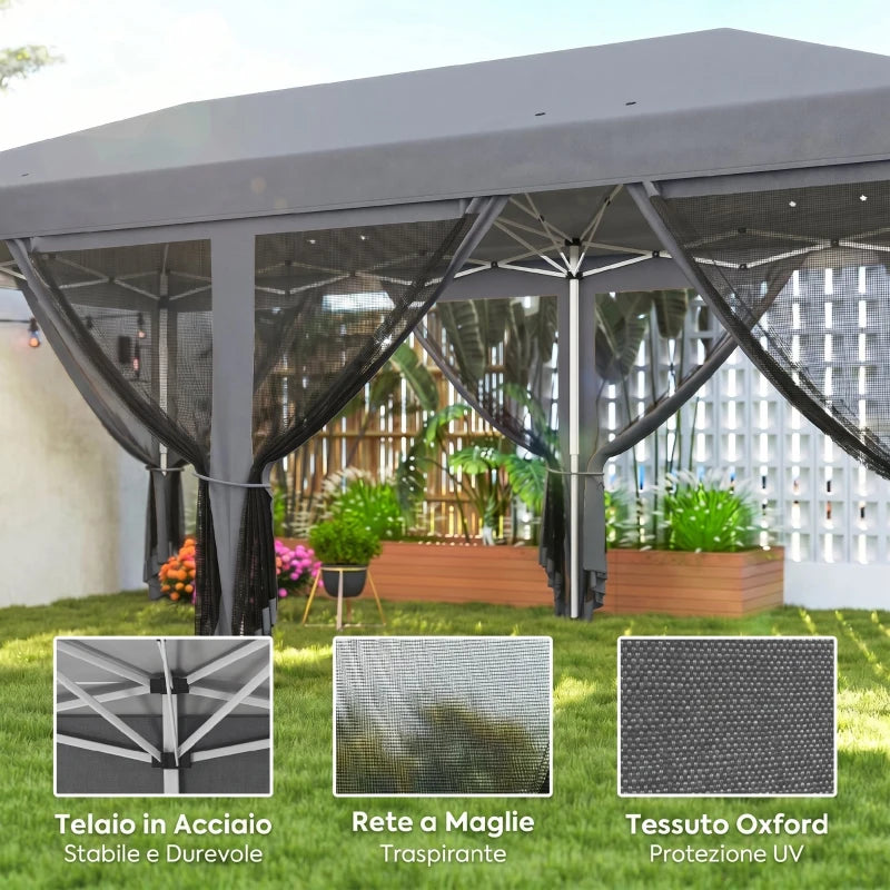 Outsunny Gazebo da Giardino Pieghevole 6x3 m con 6 Zanzariere e Pulsante, in Acciaio e Poliestere, Grigio