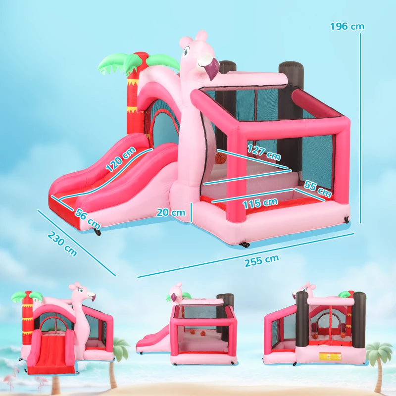 AIYAPLAY Castello Gonfiabile per Bambini con Scivolo, Trampolino, Vasca di Palline e Canestro Basket, 255x230x196 cm, Rosa