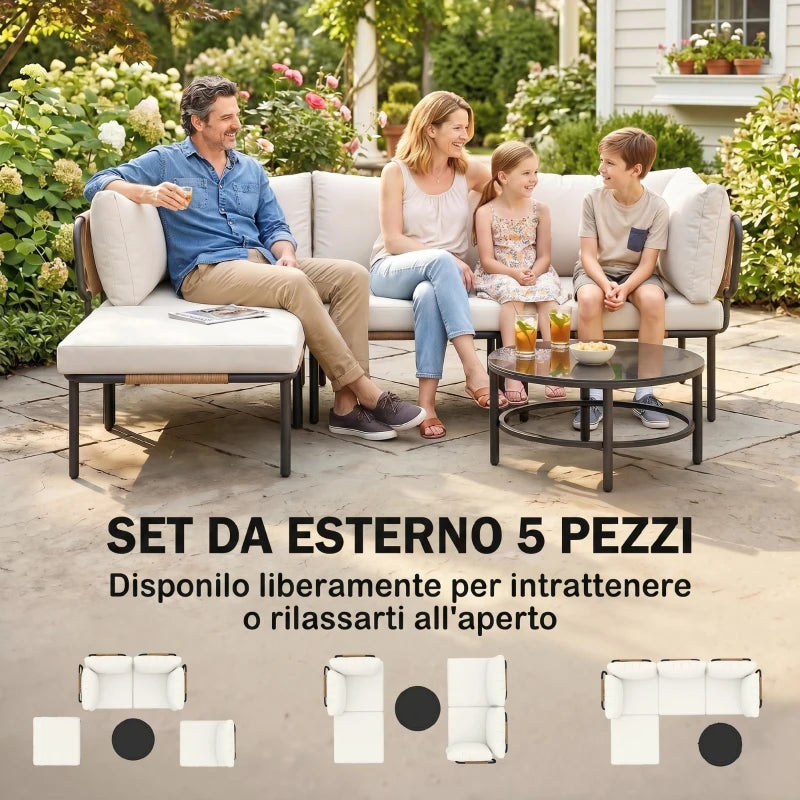 Outsunny Set da Giardino 5 Pezzi in Rattan Modulabile con Divano a L, Tavolino e Cuscini, Cachi