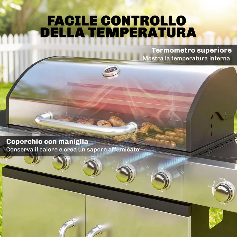 Outsunny Gas Barbecue, 6 Burners, Side Burner, Cast Iron Grill, Cabinet Included.