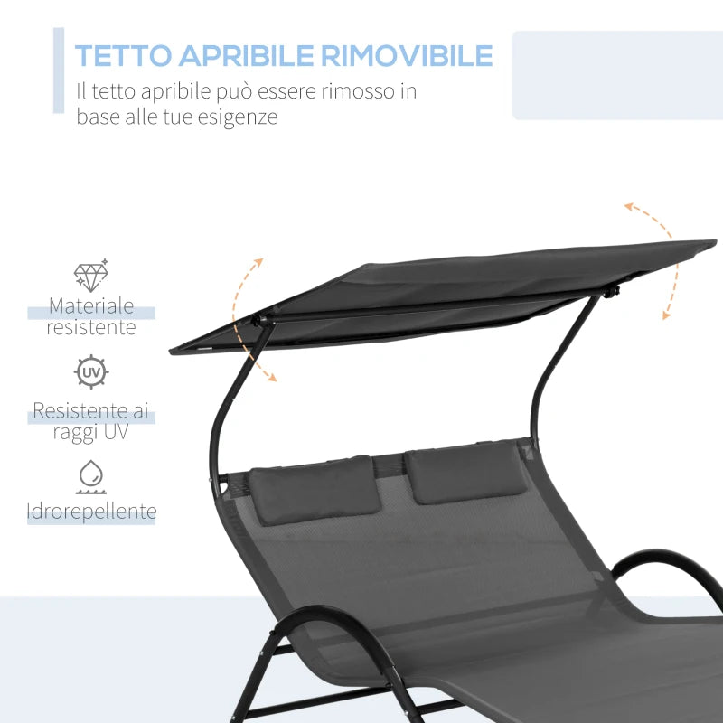 Outsunny Lettino Prendisole Reclinabile a 2 Posti con Ruote, Poggiatesta Imbottito e Tetto, 200x137x138 cm, Grigio