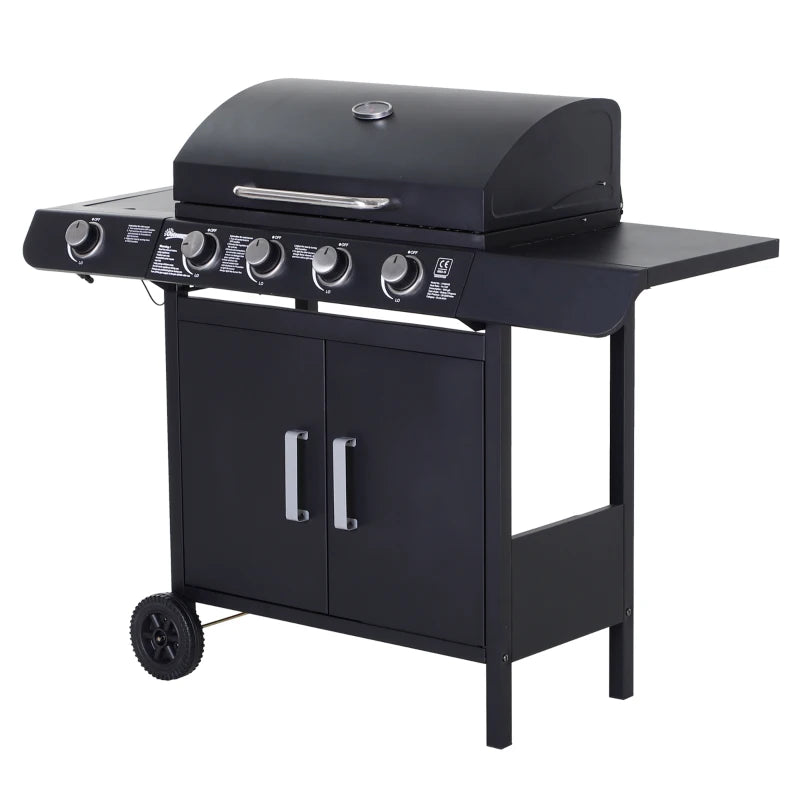 Outsunny Barbecue a Gas a 5 Fornelli con Ripiani Laterali e Armadietto, in Acciaio e PP, 125x51x100 cm, Nero