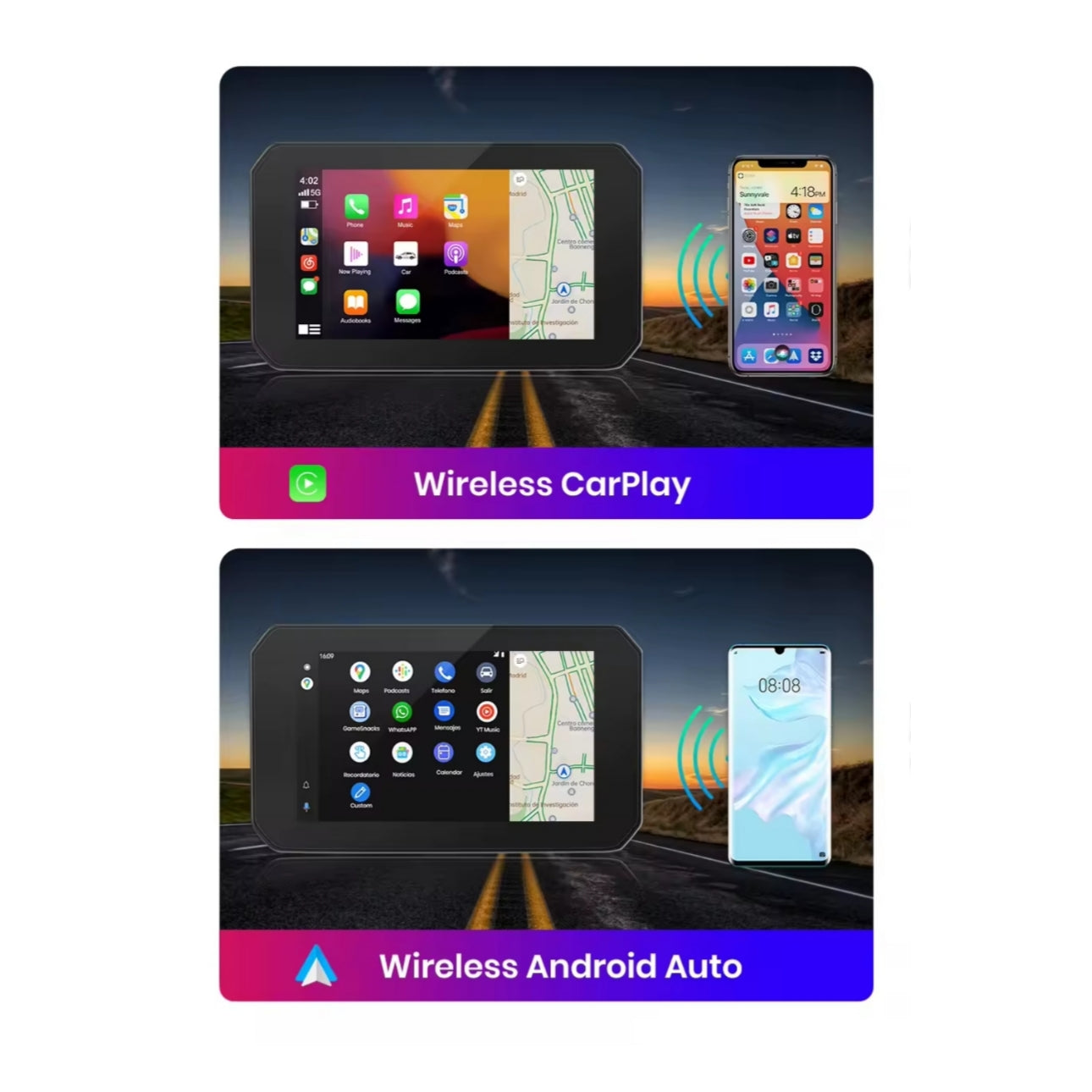 Monitor per Moto 5.5", Apple CarPlay, Android Auto, Telecamera, DashCam, Display LCD, Portatile, IP67 Impermeabile