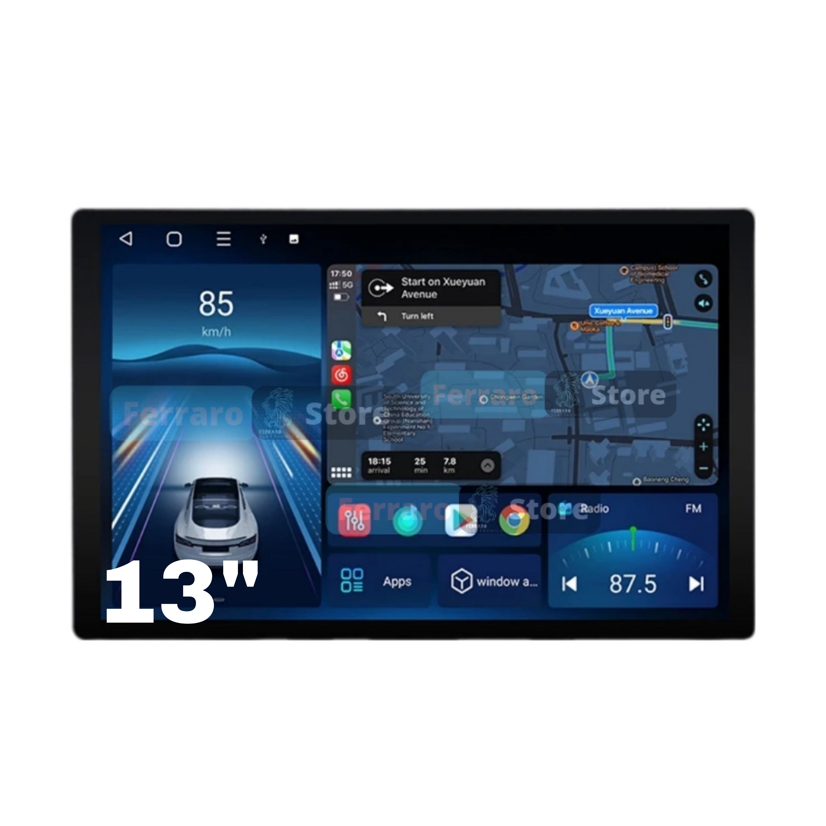 Autoradio Universale Fisso (Android) 2Din 13"Pollici, Bluetooth, CarPlay, Android Auto, 2/32GB Ram