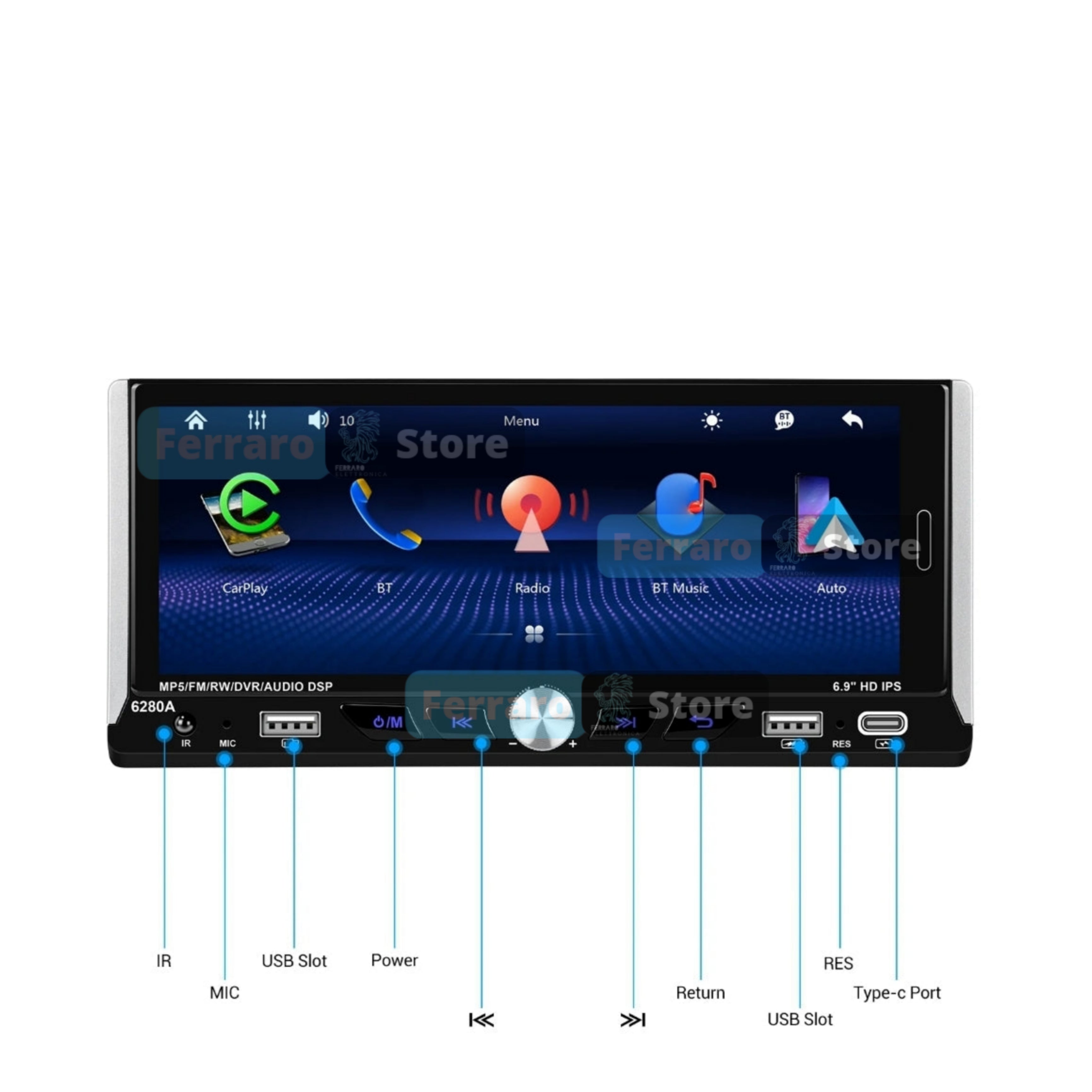 Autoradio Universale Fisso, 1Din 6.9"Pollici, Bluetooth, CarPlay, Android Auto