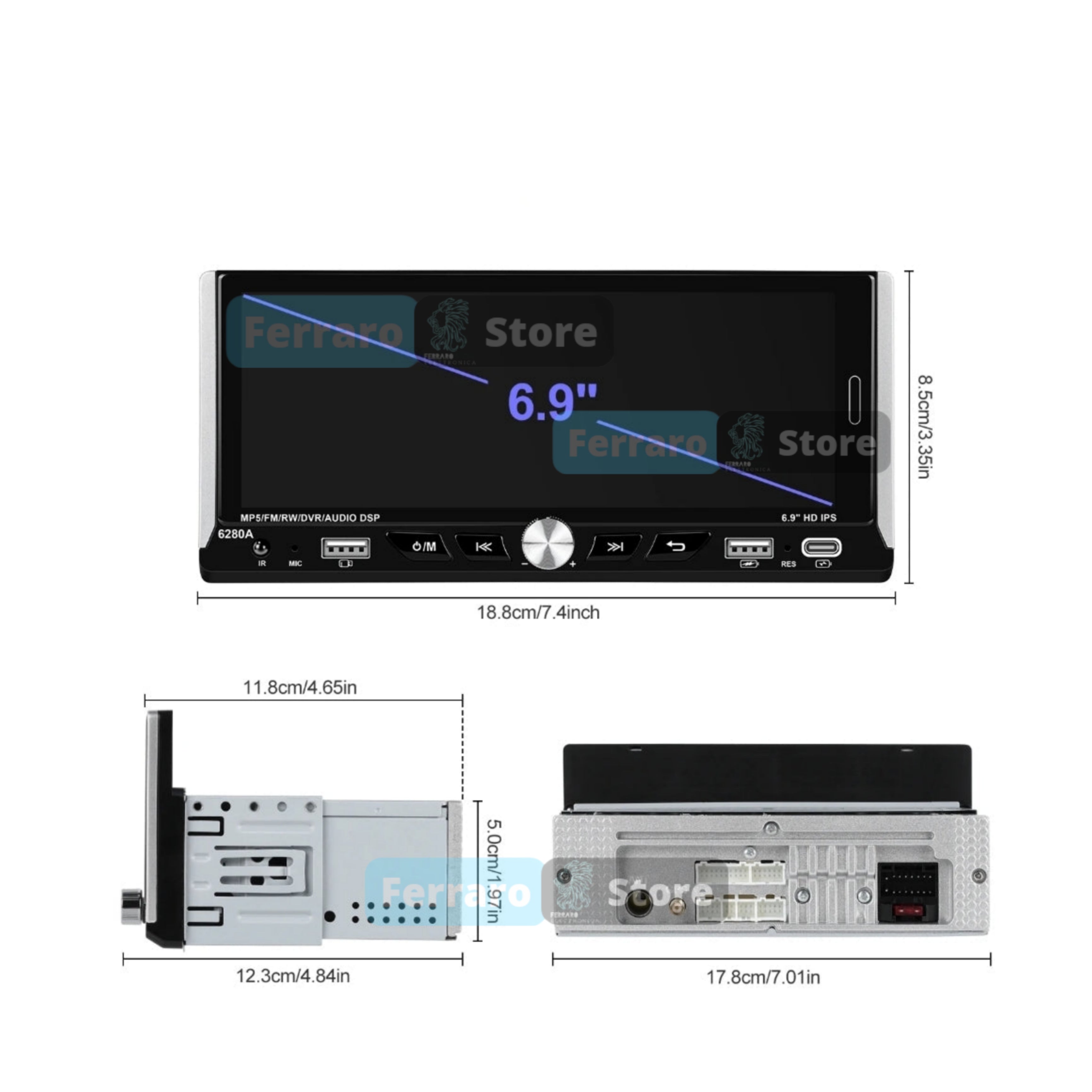 Autoradio Universale Fisso (Android) 1Din 6.9"Pollici, Bluetooth, CarPlay, Android Auto, 2/32GB Ram