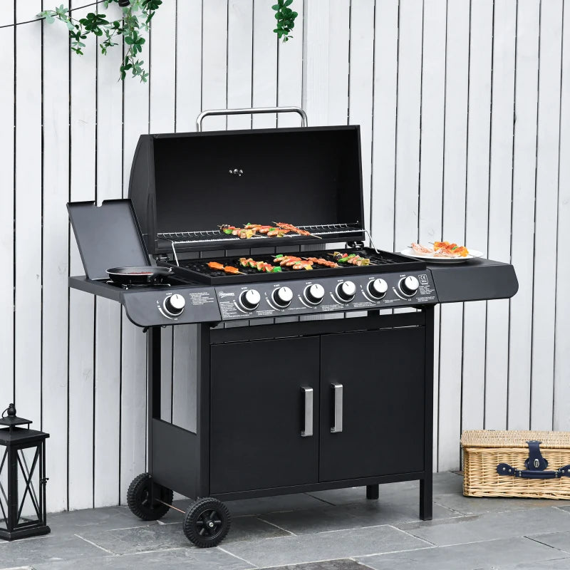Outsunny Barbecue a Gas con Coperchio, 7 Bruciatori da 20kW, Fornello Laterale e 2 Ruote, 135x50x100 cm, Nero