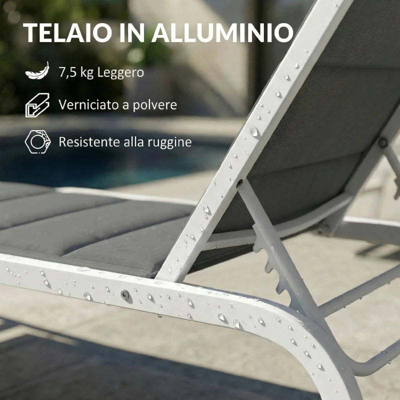 Outsunny Lettino Prendisole da Giardino con Ruote, in Texteline con Telaio in Alluminio, Grigio Scuro e Bianco