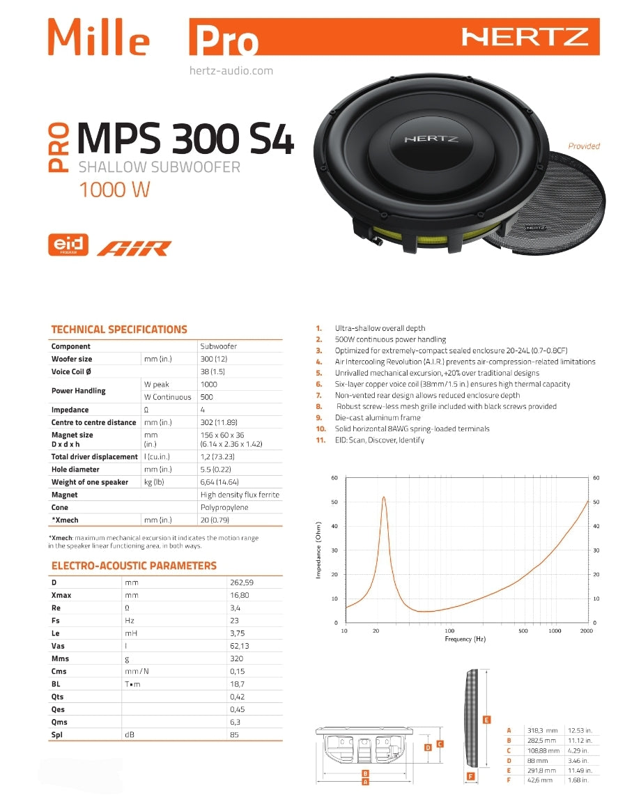 Hertz Subwoofer - Flat, MPS 300 S4 Mille PRO, 30cm, Car Speakers Sub 4 Ohm