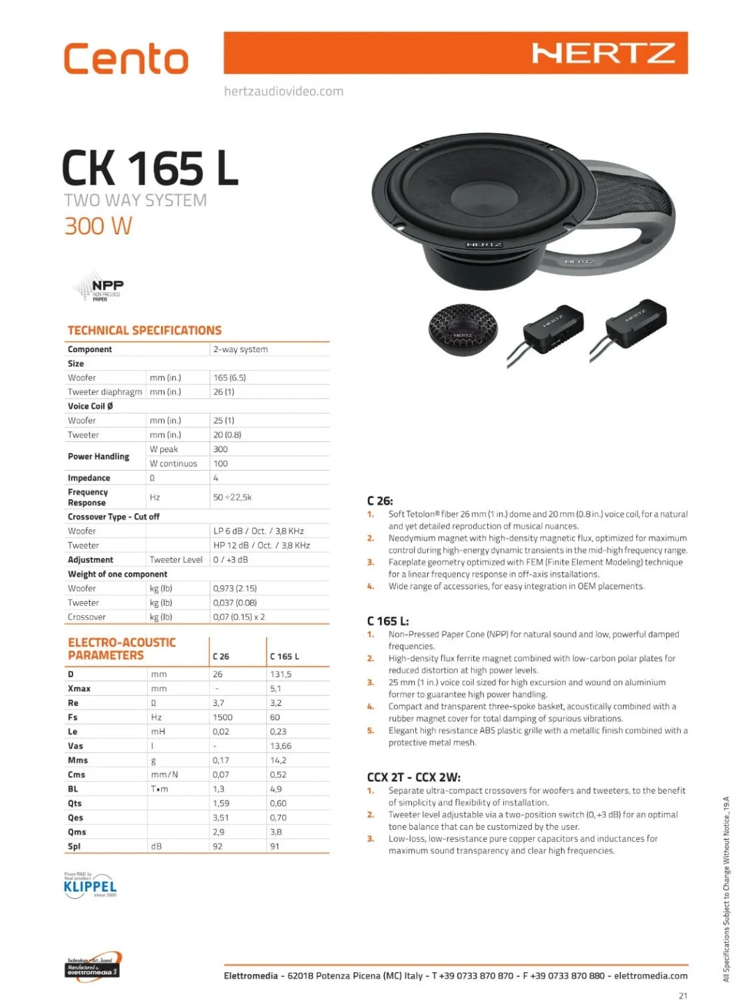 Hertz CK 165 L, Altoparlanti 2 Vie, 165mm, 300w