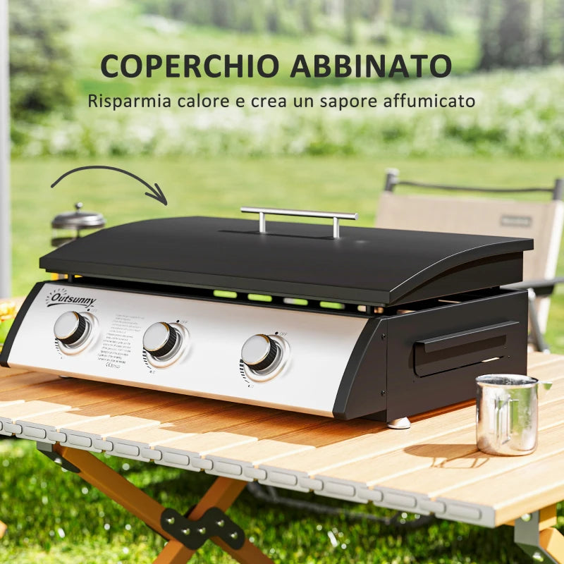 Outsunny Piastra a Gas in Acciaio Smaltato con 3 Bruciatori Potenza 7.5kW, 3 Zone di Cottura e Coperchio, Nero