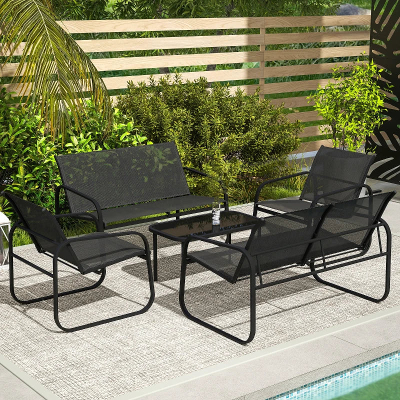 Outsunny Set da Giardino con 2 Divani 2 Posti, 2 Poltrone e un Tavolino da Caffè con Piano in Vetro, Nero