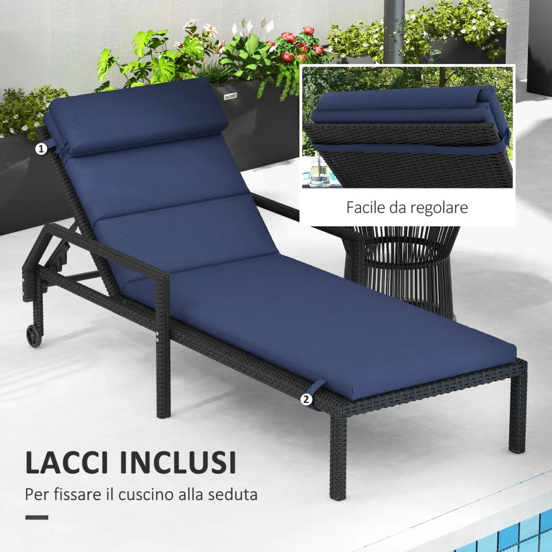 Outsunny Cuscino per Sdraio e Lettino Prendisole in Tessuto con Lacci di Fissaggio, Blu Scuro