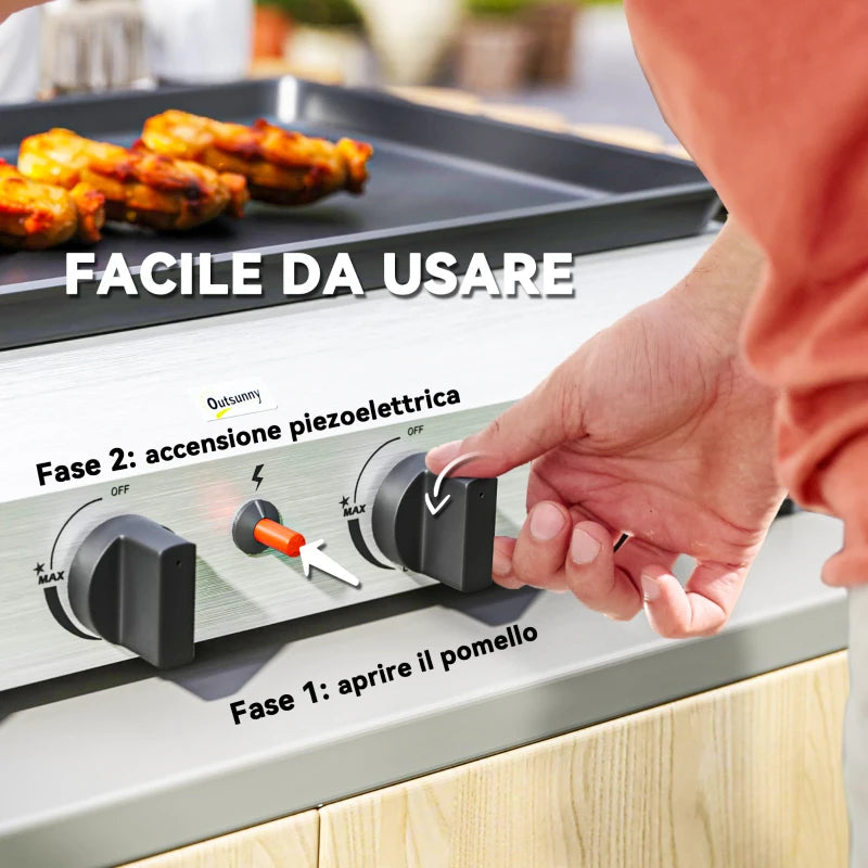 Outsunny Piastra Barbecue a Gas con 4 Bruciatori da 2.4kw e Piano Antiaderente, 77x44.5x19cm, Argento