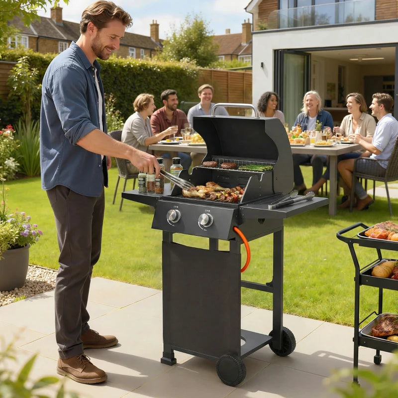 Outsunny Barbecue a Gas Propano con 2 Bruciatori, Portatile, Termometro, Nero