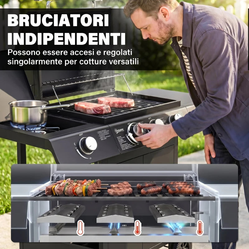 Outsunny Barbecue a Gas con Coperchio, 4 Bruciatori da 11.6kW, Fornello, Mensola e 2 Ruote, 110x50x100cm Nero