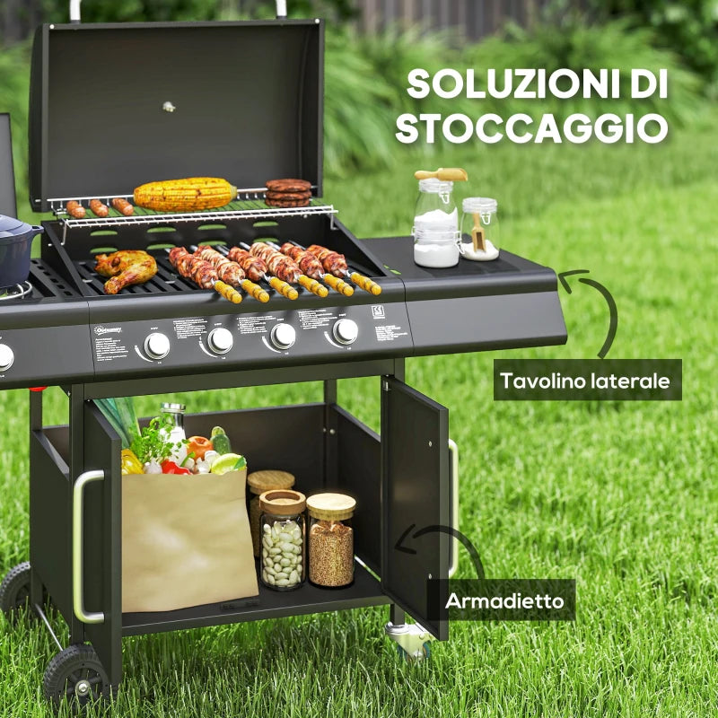 Outsunny Barbecue a Gas con Fornello Laterale, Tavolino e Armadietto, in Acciaio e PP, 129.5x56x110 cm, Nero