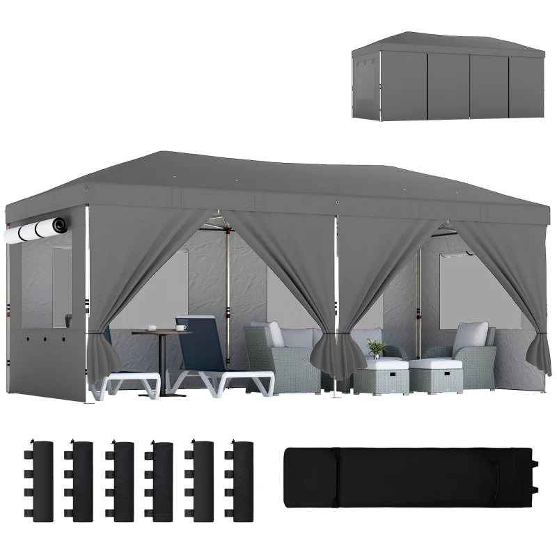 Outsunny Gazebo Pieghevole 3x6 m con 6 Pareti Laterali, Sacchi e Picchetti, in Metallo e Tessuto Oxford, Grigio Scuro