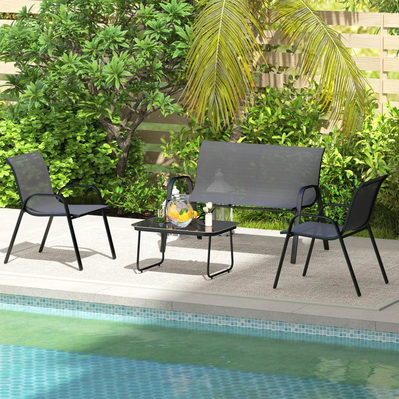 Outsunny Set da Giardino con Divano 2 Posti, 2 Poltrone Impilabili e Tavolino in Vetro, Nero