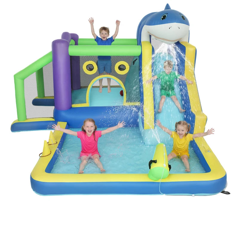 AIYAPLAY Gonfiabile Tema Squali con Scivolo, Piscina/Piscina Palline per Divertimento Bambini all'Aperto
