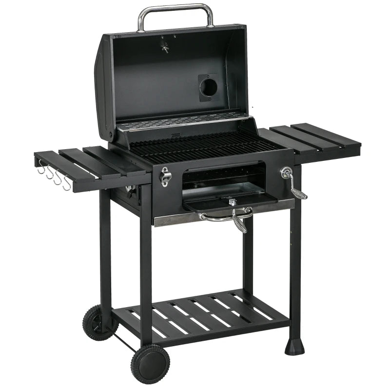 Outsunny Barbecue a Carbone con Coperchio con Termometro, Griglia Regolabile, Ruote e Tavolini, Nero