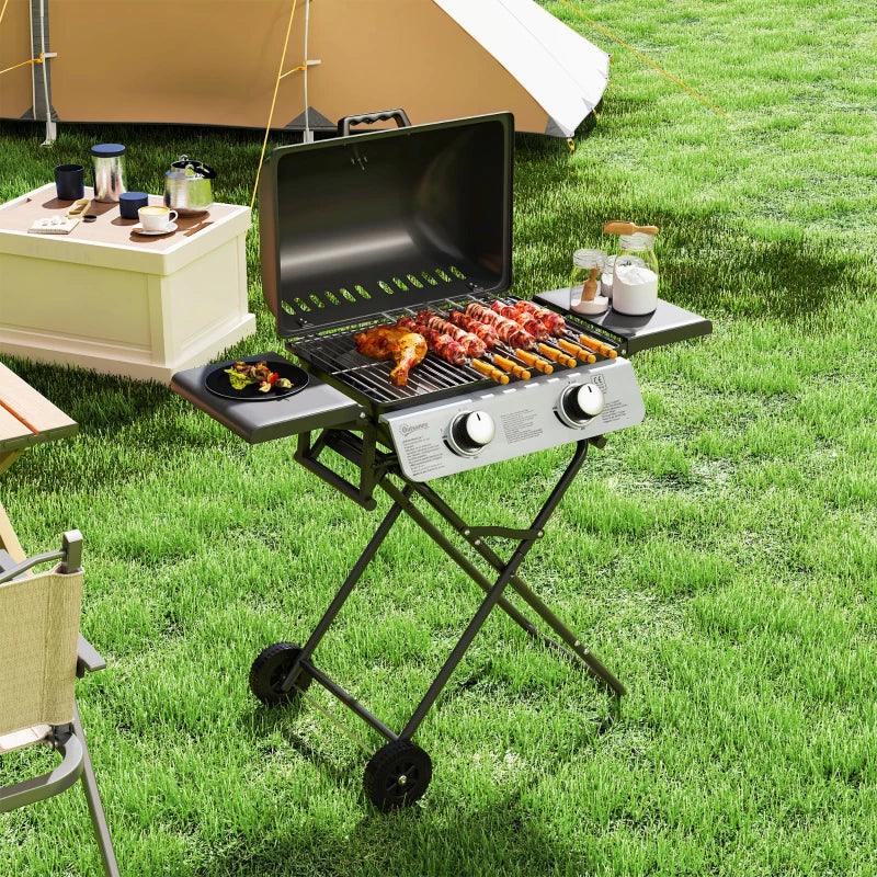 Outsunny Barbecue a Gas Portatile con 2 Bruciatori e 2 Tavolini, Coperchio con Termometro e Ruote, Nero