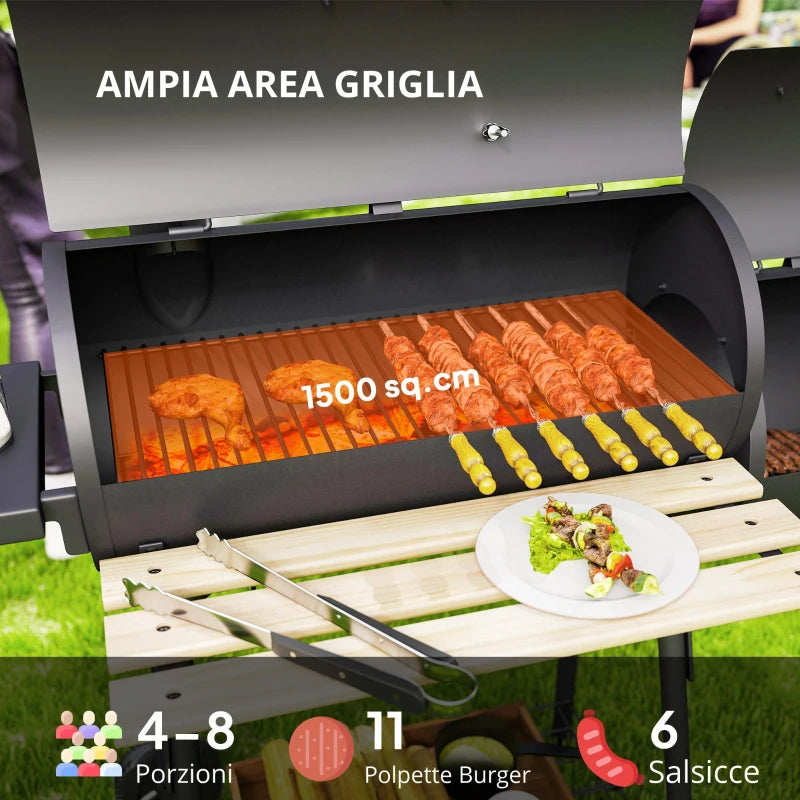 Outsunny Barbecue a Carbone con Coperchio e Affumicatore, BBQ da Giardino con Ripiani e Ruote 124x53x104 cm, Nero